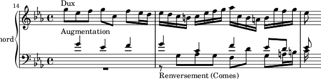 
\version "2.18.2"
\header {
  tagline = ##f
}

Dux            = { s8^\markup{Dux} g8 ees f g c, f ees16 d }
Augmentation   = { s4^\markup{Augmentation} g4 ees f g c, f ees8 d ees }
Semoc          = { r8_\markup{Renversement (Comes)} g,8 aes g f d' g, a16 b }

upper = \relative c''' {
  \clef treble 
  \key c \minor
  \time 4/4
  \tempo 4 = 63
  \set Staff.midiInstrument = #"harpsichord" 
  \set Score.currentBarNumber = #14
  %\context Score \applyContext #(set-bar-number-visibility 4)
  \bar ""

   %% FUGUE CBT II-2, BWV 871, ut mineur — augmentation renversement
   \Dux ees16 d c b c ees f g aes c, b a b g' f g ees8
   
}

lower = \relative c'' {
  \clef bass 
  \key c \minor
  \time 4/4
  \set Staff.midiInstrument = #"harpsichord" 
    
  << { \Augmentation } \\ { R1 \Semoc c16 } >>
    
} 

\score {
  \new PianoStaff <<
    \set PianoStaff.instrumentName = #"harpsichord"
    \new Staff = "upper" \upper
    \new Staff = "lower" \lower
  >>
  \layout {
       indent = #0
    \context {
      \Score
      \remove "Metronome_mark_engraver"
    }
  }
  \midi { }
}
