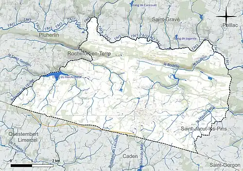 Carte en couleur présentant le réseau hydrographique de la commune