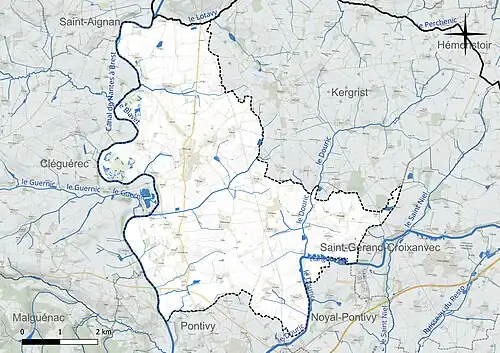 Carte en couleur présentant le réseau hydrographique de la commune