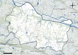 Carte en couleur présentant le réseau hydrographique de la commune