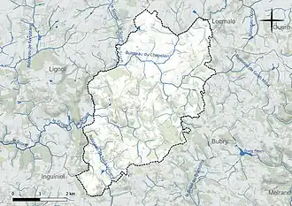 Carte en couleur présentant le réseau hydrographique de la commune