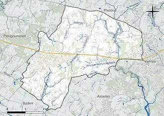 Carte en couleur présentant le réseau hydrographique de la commune