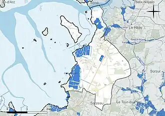 Carte en couleur présentant le réseau hydrographique de la commune
