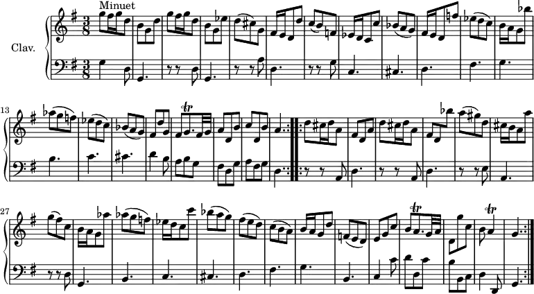 
\version "2.18.2"
\header {
  tagline = ##f
  % composer = "Domenico Scarlatti"
  % opus = "K. 80"
  % meter = "Minuet"
}

%% les petites notes
trillGqp     = { \tag #'print { g8.\trill } \tag #'midi { a32 g a g~ g16 } }
trillAqp     = { \tag #'print { a8.\trill } \tag #'midi { b32 a b a~ a16 } }
trillA       = { \tag #'print { a4\trill } \tag #'midi { b32 a b a~ a8 } }

upper = \relative c'' {
  \clef treble 
  \key g \major
  \time 3/8
  \tempo 4. = 60
  \set Staff.midiInstrument = #"harpsichord"
  \override TupletBracket.bracket-visibility = ##f

  \repeat volta 2 {
      s8*0^\markup{Minuet}
      g'8 fis16 g d8 | b g d' | g8 fis16 g d8 | b g ees' | d( cis) g | fis16 e d8 d'
      % ms. 7
      c( b) f | ees16 d c8 c' | bes( a g) | fis16 e d8 f' | ees( d c) | b16 a g8 bes' | aes( g f) | 
      % ms. 14
      ees8( d c) | bes( a g) | fis d' g, | fis \trillGqp fis32 g | a8 d, b' | c d, b' |   \tempo 4. = 40 a4. \tempo 4. = 60 }%repet
  \repeat volta 2 {
      % ms. 21
      d8 cis16 d a8 | fis d a' | d8 cis16 d a8 | \stemUp fis d \stemDown bes'' | \stemNeutral a( gis) d | cis16 b a8 a' |
      % ms. 27
      g( fis) c | b16 a g8 aes' | aes( g f ) | ees16 d c8 c' | bes8( a g) | fis( e d) | c( b a) |
      % ms. 34
      b16 a g8 d' | f,( e d) | e g c | b \trillAqp g32 a | d,8 g' c, | b \trillA | g4. }%repet

}

lower = \relative c' {
% <<
  \clef bass
  \key g \major
  \time 3/8
  \set Staff.midiInstrument = #"harpsichord"
  \override TupletBracket.bracket-visibility = ##f

  \repeat volta 2 {
    % ************************************** \appoggiatura a16  \repeat unfold 2 {  } \times 2/3 { }   \omit TupletNumber 
      g4 d8 | g,4. | r8 r8 d'8 | g,4. | r8 r8 a'8 | d,4. |
      % ms. 7
      r8 r8 g8 | c,4. | cis d fis g b
      % ms. 14
      c4. cis | d4 b8 | a8 b g | fis d g | a fis g | d4. }%repet
  \repeat volta 2 {
      % ms. 21
      \repeat unfold 2 { r8 r8 a8 | d4. } | r8 r8 e8 | a,4. |
      % ms. 27
      r8 r8 d8 | g,4. | b c cis d fis |
      % ms. 34
      g4. b, | c4 c'8 | d d, c' | b b, c | d4  \tempo 4. = 45 d,8 | g4.  \tempo 4. = 60 }%repet

%    \new FiguredBass {
%      \figuremode {
%      s8 s2. < _+ >2.
%      }
% >>
}


thePianoStaff = \new PianoStaff <<
    \set PianoStaff.instrumentName = #"Clav."
    \new Staff = "upper" \upper
    \new Staff = "lower" \lower
  >>

\score {
  \keepWithTag #'print \thePianoStaff
  \layout {
      #(layout-set-staff-size 17)
    \context {
      \Score
     \override SpacingSpanner.common-shortest-duration = #(ly:make-moment 1/2)
      \remove "Metronome_mark_engraver"
    }
  }
}

\score {
  \unfoldRepeats
  \keepWithTag #'midi \thePianoStaff
  \midi { }
}
