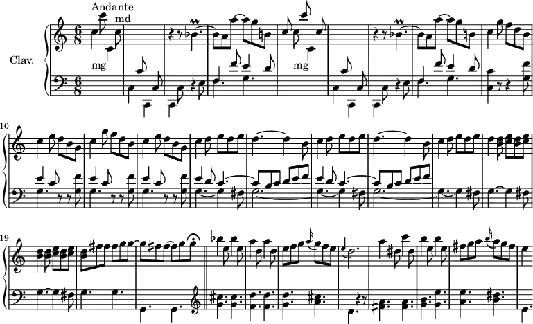 \version "2.18.2"
\header {
tagline = ##f
% composer = "Domenico Scarlatti"
% opus = "K. 398"
% meter = "Andante"
}
%% les petites notes
trillBespUpUp = { \tag #'print { bes''4.\prall~ } \tag #'midi { c32 bes c bes~ bes4~ } }
appoDb = { \tag #'print { \appoggiatura e4 d2. } \tag #'midi { e4 d2 } }
upper = \relative c'' {
\clef treble
\key c \major
\time 6/8
\tempo 4. = 98
\set Staff.midiInstrument = #"harpsichord"
\override TupletBracket.bracket-visibility = ##f
s8*0^\markup{Andante}
s4 c'8 s4 c,8^\markup{md} | \stemUp \change Staff = "lower" s4 c,8 s4 c,8 \stemNeutral \change Staff = "upper" r4 r8 \trillBespUpUp | bes8 a a'~ a g b, |
% ms. 5
\stemUp c8 s8 c'8 s4 c,8 | \stemUp \change Staff = "lower" s4 c,8 s4 c,8 \stemNeutral \change Staff = "upper" r4 r8 \trillBespUpUp | bes8 a a'~ a g b, | \repeat unfold 2 { c4 g'8 f d b |
% ms. 10 et 13
c4 e8 d b g } | \repeat unfold 2 { c4 d8 e d e |
% ms. 14
d4.~ d4 b8 } | c4 d8 e d e |
% ms. 18
d4 \repeat unfold 2 { < b d >8 < c e > } | < b d >4 \repeat unfold 2 { < b d >8 < c e > } | < b d >8 fis' fis fis~ g g~ | g fis fis~ fis g \tempo 4. = 25 g\fermata \bar "||" \tempo 4. = 98
% ms. 22
bes4 e,8 bes'4 e,8 | a4 d,8 a'4 d,8 | e f g \appoggiatura a16 g8 f e | \appoDb |
% ms. 26
a'4 dis,8 c'4 dis,8 | b'4 e,8 b'4 e,8 | fis g a \appoggiatura b16 a8 g fis | e4 s8
}
lower = \relative c' {
\clef bass
\key c \major
\time 6/8
\set Staff.midiInstrument = #"harpsichord"
\override TupletBracket.bracket-visibility = ##f
% ************************************** \appoggiatura a16 \repeat unfold 2 { } \times 2/3 { } \omit TupletNumber
\stemDown \change Staff = "upper" c'4_\markup{mg} s8 c,4 s8 | \stemDown \change Staff = "lower" c,4 s8 c,4 s8 | c4 c'8 r4 e8 | << { f4 f'8 e4 d8 } \\ { \mergeDifferentlyDottedOn f,4. g } >>
% ms. 5
s8 \stemDown \change Staff = "upper" c'8_\markup{mg} s8 c,4 s8 | \stemDown \change Staff = "lower" c,4 s8 c,4 s8 | c4 c'8 r4 e8 | << { f4 f'8 e4 d8 } \\ { \mergeDifferentlyDottedOn f,4. g } >> | < c, c' >4 r8 r4 \repeat unfold 3 { < g' f' >8
% ms. 10 et fin 12
<< { e'4 c8 } \\ { g4. } >> r8 r8 } < g f' >8 | << { \repeat unfold 2 { e'4 d8 c4.~ | c8 b c d e f } } \\ { \repeat unfold 2 { g,4.~ g4 fis8 | g2.~ } g4.~ g4 fis8 } >>
% ms. 18
\repeat unfold 2 { g4.~ g4 fis8 } | g4. g | g, g
% ms. 22
\clef treble < g'' cis >4. q | < f d' > q | < g d' > < a cis > | d,4. r4 r8 |
% ms. 26
< fis a >4. q | < g b > < g e' > | < a e' > < b dis > | e,4.
}
thePianoStaff = \new PianoStaff <<
\set PianoStaff.instrumentName = #"Clav."
\new Staff = "upper" \upper
\new Staff = "lower" \lower
>>
\score {
\keepWithTag #'print \thePianoStaff
\layout {
#(layout-set-staff-size 17)
\context {
\Score
\override SpacingSpanner.common-shortest-duration = #(ly:make-moment 1/2)
\remove "Metronome_mark_engraver"
}
}
}
\score {
\keepWithTag #'midi \thePianoStaff
\midi { }
}