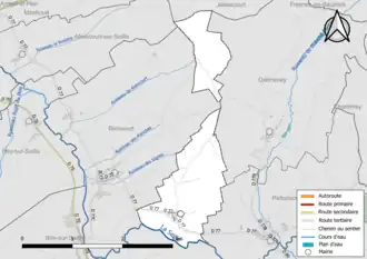 Carte en couleur présentant le réseau hydrographique de la commune