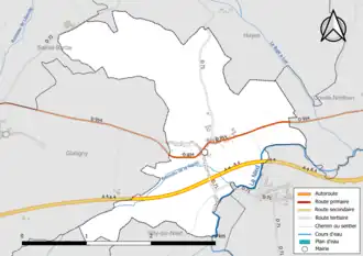 Carte en couleur présentant le réseau hydrographique de la commune