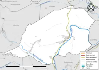Carte en couleur présentant le réseau hydrographique de la commune