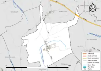 Carte en couleur présentant le réseau hydrographique de la commune