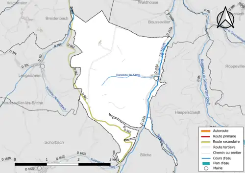Carte en couleur présentant le réseau hydrographique de la commune