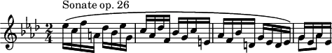 \version "2.18.2"
\header {
tagline = ##f
}
\score {
\new Staff \with {
}
<<
\relative c'' {
\key f \minor
\time 2/4
\override TupletBracket #'bracket-visibility = ##f
%\autoBeamOff
%% opus 26
ees16\(^\markup{Sonate op. 26} c f a, des bes ees g, c aes des f, bes g c e, aes f bes d, g ees d ees\)
<< { g16 ees aes ees } \\ { g8 aes } >>
}
>>
\layout {
\context {
\Score \remove "Metronome_mark_engraver"
\override SpacingSpanner.common-shortest-duration = #(ly:make-moment 1/2)
}
}
\midi { \tempo 4=116}
}