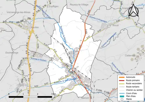 Carte en couleur présentant le réseau hydrographique de la commune