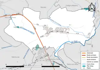 Carte en couleur présentant le réseau hydrographique de la commune