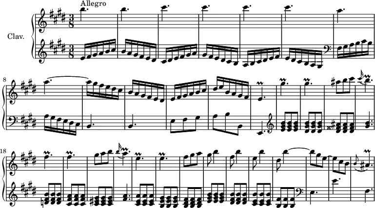 
\version "2.18.2"
\header {
  tagline = ##f
}

%% les petites notes
trillE           = { \tag #'print { e4.\prall } \tag #'midi { \repeat unfold 2 { fis32 e } fis e~ e8. } }
trillEFinPhrase  = { \tag #'print { e4.\prall } \tag #'midi { \repeat unfold 2 { fis32 e } fis \tempo 4. = 72 e~ e8. \tempo 4. = 80 }}
trillGisUp       = { \tag #'print { gis'4.\prall } \tag #'midi { \repeat unfold 2 { a32 gis } a gis~ gis8. } }
trillGis         = { \tag #'print { gis4.\prall } \tag #'midi { \repeat unfold 2 { a32 gis } a gis~ gis8. } }
trillFis         = { \tag #'print { fis4.\prall } \tag #'midi { \repeat unfold 2 { gis32 fis } gis fis~ fis8. } }
trillA           = { \tag #'print { a4.\prall } \tag #'midi { \repeat unfold 2 { b32 a } b \tempo 4. = 72 a~ a8. \tempo 4. = 80 } }
trillBAppo       = { \tag #'print { \appoggiatura cis16 b4.\prall } \tag #'midi { \repeat unfold 2 { cis32 b } cis \tempo 4. = 72 b~ b8. \tempo 4. = 80 } }
trillAAppo       = { \tag #'print { \appoggiatura b16 a4.\prall } \tag #'midi { \repeat unfold 2 { b32 a } b a~ a8. } }
trillAisAppo     = { \tag #'print { \appoggiatura b8 ais4.\prall } \tag #'midi { \tempo 4. = 72 \repeat unfold 2 { b32 ais } b \tempo 4. = 50 ais~ ais8. } }

upper = \relative c'' {
  \clef treble 
  \key e \major
  \time 3/8
  \tempo 4. = 80
  \set Staff.midiInstrument = #"harpsichord"

    b'4.^\markup{Allegro} b cis cis cis cis a a~ a16 gis fis e dis cis | b a gis fis e dis | e fis gis a b cis | dis e b a gis fis |
    % ms. 13
    \trillEFinPhrase \trillGisUp \trillGis ais8 b cis | \trillBAppo | \trillFis 
    % ms. 19
    \trillFis | gis8 a b | \trillAAppo | \trillE | \trillE | fis8 gis a | gis b4 | 
    % ms. 26
    fis8 b4 | e,8 b'4 | dis,8 b'4~ | b8 gis e~ | e cis b | \trillAisAppo

}

lower = \relative c' {
  \clef bass
  \key e \major
  \time 3/8
  %\omit Staff.TimeSignature
  \set Staff.midiInstrument = #"harpsichord"

    % **************************************
       \clef treble e16 fis gis a b cis | b a gis fis e dis | cis dis e fis gis a | gis fis e dis cis b | a b cis dis e fis |
     % ms. 6
     e16 dis cis b a gis |  \clef bass fis gis a b cis b | a gis fis e dis cis | b4. | b | e8 fis gis | 
     % ms. 12
     a8 b b, | e,4. |   \clef treble < e'' gis b >8 q q | < dis gis b >8 q q | < dis fisis ais >8 q q | < gis b >4. | < d fis b >8 q q |
     % ms. 19
     < cis fis a >8 q q | < cis eis gis >8 q q | < fis a >4. | < cis e a >8 q q | < b e gis >8 q q | < b dis fis >8 q q | < e gis b >8 q q | 
     % ms. 26
     < dis fis b >8 q q | < cis e b' >8 q q | < b fis' >8 q q | \clef bass e,4. | e' | fis, | 

} 

thePianoStaff = \new PianoStaff <<
    \set PianoStaff.instrumentName = #"Clav."
    \new Staff = "upper" \upper
    \new Staff = "lower" \lower
  >>

\score {
  \keepWithTag #'print \thePianoStaff
  \layout {
      #(layout-set-staff-size 17)
    \context {
      \Score
     \override SpacingSpanner.common-shortest-duration = #(ly:make-moment 1/2)
      \remove "Metronome_mark_engraver"
    }
  }
}

\score {
  \keepWithTag #'midi \thePianoStaff
  \midi { }
}
