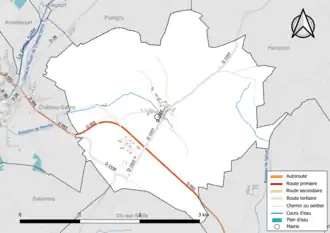 Carte en couleur présentant le réseau hydrographique de la commune