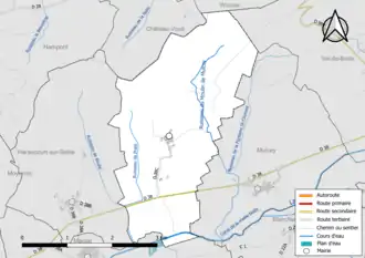 Carte en couleur présentant le réseau hydrographique de la commune