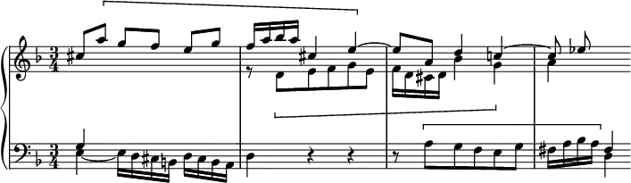 
\version "2.18.2"
\header {
  tagline = ##f
}
upper = \relative c'' {
  \clef treble 
  \key d \minor
  \time 3/4
  \tempo 4 = 66
  %\autoBeamOff
  \set Staff.midiInstrument = #"piano"
  \set Score.currentBarNumber = #27
   
   << { cis8 \[ a' g[ f] e[ g] f16 a bes a cis,4 e~ \] e8 a, d4 c!~ c8 ees  } \\ { s2 s4 r8 \[ d,8 e f g e f16 d cis d bes'4 g \] a  } >>
}

lower = \relative c' {
  \clef bass
  \key d \minor
  \time 3/4
  \set Staff.midiInstrument = #"piano"

   << { g4 } \\ { e4~ e16 d cis b! d cis b a } >>
   d4 r4 r4 r8 \[ a'8 g f e g fis16 a bes a
   << { fis4 \] } \\ { d4 } >>
    
}

\score {
  \new PianoStaff <<
    \set PianoStaff.instrumentName = #""
    \new Staff = "upper" \upper
    \new Staff = "lower" \lower
  >>
  \layout {
    \context {
      \Score
      \remove "Metronome_mark_engraver"
    }
  }
  \midi { }
}
