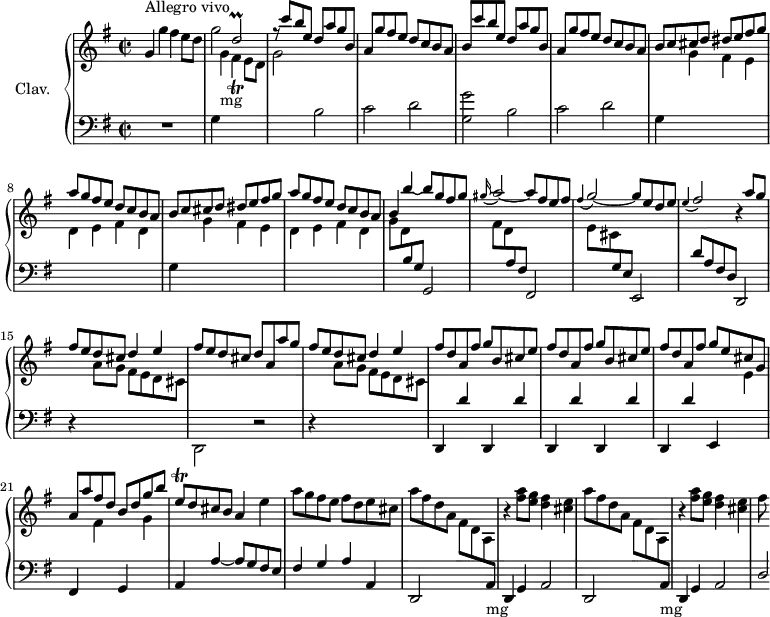\version "2.18.2"
\header {
tagline = ##f
% composer = "Domenico Scarlatti"
% opus = "K. 180"
% meter = "Allegro vivo"
}
%% les petites notes
trillEqDown = { \tag #'print { e,8\trill } \tag #'midi { \times 2/3 { e16 fis e } } }
trillDb = { \tag #'print { d2\prall } \tag #'midi { \times 2/3 { e16 d e } d8~ d4 } }
appoFisb = { \tag #'print { \appoggiatura e4 fis2 } \tag #'midi { e4 fis4 } }
appoGb = { \tag #'print { \appoggiatura fis4 g2~ } \tag #'midi { fis4 g4~ } }
trillFis = { \tag #'print { fis4_\trill } \tag #'midi { \times 2/3 { g16 fis g } fis8 } }
upper = \relative c'' {
\clef treble
\key g \major
\time 2/2
\tempo 2 = 96
\set Staff.midiInstrument = #"harpsichord"
\override TupletBracket.bracket-visibility = ##f
s8*0^\markup{Allegro vivo}
g4 g' fis4 e8 d | g2 \stemUp \trillDb | r8 \repeat unfold 2 { c'8 b e, d a' g b, | a g' fis e d c b a |
% ms. 7
b8 } c cis d dis e fis g | a g fis e d c b a |
% ms. 9
b8 c cis d dis e fis g | a g fis e d c b a | b4 b'~ b8 g fis g | \appoggiatura gis16 a2~ a8 fis e fis |
% ms. 13
\appoGb g8 e d e | \appoFisb r4 a8 g | fis e d cis d4 e | fis8 e d cis d a a' g |
% ms. 17
fis8 e d cis d4 e | \repeat unfold 2 { fis8 d a fis' g b, cis e } | fis8 d a fis' g e cis g | a a' fis d b d g b |
% ms. 22
\trillEqDown d8 cis b a4 \stemNeutral e' | a8 g fis e fis d e cis | \repeat unfold 2 { a'8 fis d a fis d a \change Staff = "lower" a,-\markup{mg} | \change Staff = "upper" b''4\rest < fis' a >8 < e g > < d fis >4 < cis e > } |
% ms. 28
fis8
}
lower = \relative c' {
\clef bass
\key g \major
\time 2/2
\set Staff.midiInstrument = #"harpsichord"
\override TupletBracket.bracket-visibility = ##f
% ************************************** \appoggiatura \repeat unfold 2 { } \times 2/3 { }
R1 | g4 \stemDown \change Staff = "upper" g'-\markup{mg} \trillFis e8 d | g2 \change Staff = "lower" b, | c d |
% ms. 5
< g, g' >2 b | c d | \repeat unfold 2 { \change Staff = "lower" g,4 \stemDown \change Staff = "upper" g' fis e | d e fis d } |
% ms. 11
g8 d \stemUp \change Staff = "lower" b g g,2 | \stemDown \change Staff = "upper" fis''8 d \stemUp \change Staff = "lower" a fis fis,2 |
% ms. 13
\stemDown \change Staff = "upper" e''8 cis \stemUp \change Staff = "lower" g e e,2 | \stemNeutral d''8 a fis d d,2 | r4 \stemDown \change Staff = "upper" a'''8 g fis e d cis \change Staff = "lower" d,,2 r2 |
% ms. 17
r4 \stemDown \change Staff = "upper" a'''8 g fis e d cis \change Staff = "lower" \stemNeutral \repeat unfold 5 { d,,4 d'' } e,,4 \stemDown \change Staff = "upper" e'' | \stemUp \change Staff = "lower" fis,, \stemDown \change Staff = "upper" fis'' \stemUp \change Staff = "lower" g,, \stemDown \change Staff = "upper" g''
% ms. 22
\stemNeutral \change Staff = "lower" a,,4 a'~ a8 g fis e | fis4 g a a, | d,2 s2 | d4 g a2 | d,2 s2 |
% ms. 27
d4 g a2 | d2*1/4
}
thePianoStaff = \new PianoStaff <<
\set PianoStaff.instrumentName = #"Clav."
\new Staff = "upper" \upper
\new Staff = "lower" \lower
>>
\score {
\keepWithTag #'print \thePianoStaff
\layout {
#(layout-set-staff-size 17)
\context {
\Score
\override SpacingSpanner.common-shortest-duration = #(ly:make-moment 1/2)
\remove "Metronome_mark_engraver"
}
}
}
\score {
\keepWithTag #'midi \thePianoStaff
\midi { }
}