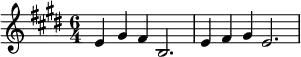  \relative c' {\time 6/4  \key e \major e4 gis fis b,2. | e4  fis gis e2. |}