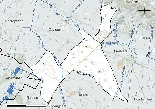 Carte en couleur présentant le réseau hydrographique de la commune