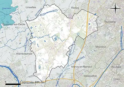 Carte en couleur présentant le réseau hydrographique de la commune