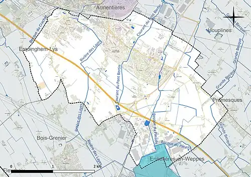 Carte en couleur présentant le réseau hydrographique de la commune