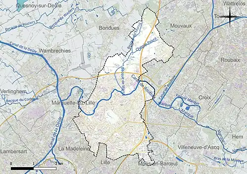 Carte en couleur présentant le réseau hydrographique de la commune