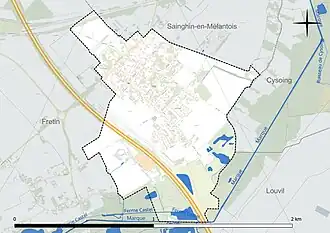 Carte en couleur présentant le réseau hydrographique de la commune