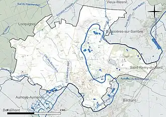 Carte en couleur présentant le réseau hydrographique de la commune