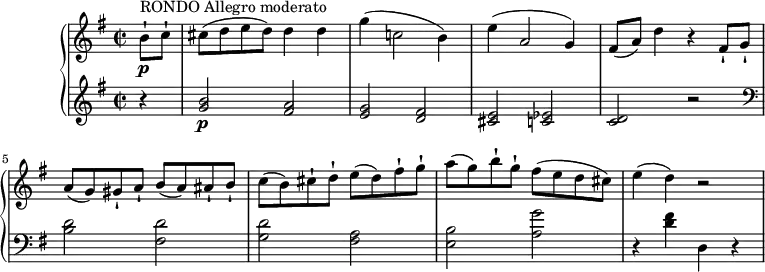 \version "2.18.2"
\header {
tagline = ##f
}
upper = \relative c' {
\clef "treble"
\tempo "Allegro moderato"
\key g \major
\time 2/2
\tempo 4 = 140
\partial 8 b'8-! \p ^\markup {RONDO Allegro moderato} c-!
cis8 (d e d) d4 d
g (c,!2 b4)
e4 (a,2 g4)
fis8 (a) d4 r fis,8-! g-!
a (g) gis-! a-! b (a) ais-! b-!
c (b) cis-! d-! e (d) fis-! g-!
a (g) b-! g-! fis (e d cis)
e4 (d) r2
}
lower =\relative c' {
\clef "treble"
\key g \major
\time 2/2
\partial 4 r4 <g' b>2 \p <fis a> <e g> <d fis> <cis e> <c ees> <c d> r2
\clef "bass" <b d> <fis d'> <g d'> <fis a> <e b'> <a g'>
r4 <d fis> d, r
}
\score {
\new PianoStaff <<
\new Staff = "upper" \upper
\new Staff = "lower" \lower
>>
\layout {
\context {
\Score
\remove "Metronome_mark_engraver"
}
}
\midi { }
}