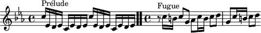 
\version "2.18.2"
\header {
  tagline = ##f
}

\score {
  \new Staff \with {
%fontSize = #-2
  }
<<
  \relative c'' {
    \key c \minor
    \time 4/4

     %% INCIPIT CBT I-2, BWV 847, ut mineur
     s4*0^\markup{Prélude} \repeat unfold 2 { c16 ees, d ees c ees d ees }  \bar ".."
     \time 4/4 
     r8^\markup{Fugue} c'16 b c8 g aes c16 b c8 d g, c16 b c8 d
  }
>>
  \layout {
     \context { \Score \remove "Metronome_mark_engraver" 
     \override SpacingSpanner.common-shortest-duration = #(ly:make-moment 1/2) 
}
  }
  \midi {}
}
