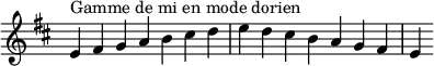  {
\override Score.TimeSignature #'stencil = ##f
\relative c' {
  \key e \dorian
  \clef treble \time 7/4
  e4^\markup { Gamme de mi en mode dorien } fis g a b cis d e d cis b a g fis e
} }
