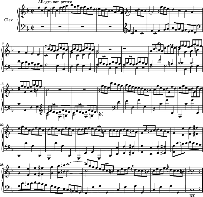 \version "2.18.2"
\header {
tagline = ##f
% composer = "Domenico Scarlatti"
% opus = "K. 505"
% meter = "Allegro non presto"
}
%% les petites notes
trillBq = { \tag #'print { b8\prall } \tag #'midi { \times 2/3 { b16 c b } } }
trillEq = { \tag #'print { e8\prall } \tag #'midi { \times 2/3 { e16 f e } } }
trillCq = { \tag #'print { c8\prall } \tag #'midi { \times 2/3 { c16 d c } } }
trillBesq = { \tag #'print { bes8\prall } \tag #'midi { \times 2/3 { bes16 c bes } } }
trillFq = { \tag #'print { f8\prall } \tag #'midi { \times 2/3 { f16 g f } } }
appoGA = { \tag #'print { \appoggiatura g8 a2 } \tag #'midi { g8 a4. } }
appoBesA = { \tag #'print { \appoggiatura bes4 a2 } \tag #'midi { bes4 a4 } }
appoBC = { \tag #'print { \appoggiatura b4 c1 } \tag #'midi { b2 c2 } }
upper = \relative c'' {
\clef treble
\key f \major
\time 2/2
\tempo 2 = 82
\repeat volta 2 {
s8*0^\markup{Allegro non presto}
\repeat unfold 3 { f4 c } f g8 a | bes g a f g e f d | e c d bes c a bes g |
% ms. 5
\appoGA r8 d8 c bes | \appoBesA r8 g'8 f e | d4 c bes a | g f e d |
% ms. 9
<< { r8 c'8 bes a bes d c bes | a c bes a bes d c bes | a2 }
\\ { c,2 d4 e | f c d e | f2 } >> r2 | r1 | a8 c \trillBq a8 d f \trillEq d |
% ms. 14
<< { \repeat unfold 2 { e8 g f e f a g f } } \\ { c4 g a b | c g a b | c2 } >> r2 | R1 |
% ms. 18
r8 g'8 f e c' bes a g | a g f e e d c b | c \repeat unfold 2 { g'8 e c d g, f' d |
% ms. 22
e8 } g8 e c \repeat unfold 3 { d8 f e c } | d8 d e f e d \trillCq b8 | c c bes c d c b a |
% ms. 26
g8 c b c d c b a | g4 \repeat unfold 2 { < e e' > < f f' > < fis fis' > | < g g' > } < a a' >8 < b b' >
% ms. 29 suite
<< { c'2~ | c8 a g f e d \trillCq b8 } \\ { c2~ | c } >> | \repeat unfold 2 { c8 e d f \acciaccatura e8 d8 c c b } | \appoBC }%repet
}
lower = \relative c' {
\clef bass
\key f \major
\time 2/2
\repeat volta 2 {
% ************************************** \appoggiatura a16 \repeat unfold 2 { } \times 2/3 { } \omit TupletNumber
R1*4 | \clef treble \repeat unfold 3 { f4 c } | f g8 a | bes g a f g e f d \clef bass | e c d bes c a bes g | a2 g4 c, |
% ms. 10
f4 a g c, | \repeat unfold 2 { << { a'8 c \trillBesq a8 bes d c bes } \\ { f2 d4 e } >> } |
% ms. 13
<< { a4 f'2 b,4 | c2 c } \\ { f,2 g | \repeat unfold 2 { c4 c, f g } } >> \clef treble |
\repeat unfold 2 { << { e'8 g \trillFq e8 f a g f } \\ { c2 a4 b } >> } |
% ms. 18
<< { e2. } \\ { c2. } >> \clef bass e4 | f f, g' g, | r4 c4 g' g,, | c, c'' g' g,, |
% ms. 22
c,4 c'' g c,, g | c'' g c,, | g f' g g, | c < e e' > < f f' > < fis fis' > |
% ms. 26
< g g' >4 < e e' > < f f' > < fis fis' > | < g g' >8 \repeat unfold 2 { c'8 b c d c b a | g } f e d c b a g |
% ms. 30
f4 \repeat unfold 2 { f'4 g g, | c } f g \tempo 2 = 62 g, | \tempo 2 = 50 < c, c' >1 \tempo 2 = 82 }%repet
}
thePianoStaff = \new PianoStaff <<
\set PianoStaff.instrumentName = #"Clav."
\new Staff = "upper" \upper
\new Staff = "lower" \lower
>>
\score {
\keepWithTag #'print \thePianoStaff
\layout {
#(layout-set-staff-size 17)
\context {
\Score
\override TupletBracket.bracket-visibility = ##f
\override SpacingSpanner.common-shortest-duration = #(ly:make-moment 1/2)
\remove "Metronome_mark_engraver"
}
}
}
\score {
\unfoldRepeats
\keepWithTag #'midi \thePianoStaff
\midi { \set Staff.midiInstrument = #"harpsichord" }
}
