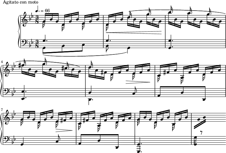
\version "2.18.2"
\header {
  tagline = ##f
}
upper = \relative c'' {
  \clef treble 
  \key g \minor
  \time 3/8
  \tempo 4. = 66
  %\autoBeamOff
  \override TupletBracket.bracket-visibility = ##f

   %%Montgeroult — Étude 92 (pdf p. 114)
   
    << { \omit TupletNumber \tuplet 3/2 { g16[ bes g]  d[ g bes] ees,[ g bes] | d,[ g bes] } d s16  g16 s16 } \\ { g,16 s16 d16 s16 ees16 s16 d16\< s16 \omit TupletNumber \tuplet 3/2 { d'16[^( bes g] g' bes, g\! } } >>
    << { bes'16 s16 a16 s16 g16 s16 | fis16 s16 g16 s16 cis,16 s16 } \\ { \tuplet 3/2 { bes'16[ bes, g] a'[ bes, g] g'[ bes, g] fis'16[ bes, g] g'16[ bes, g] cis16[ bes g]) } } >>

    << { d'16 s16 \tuplet 3/2 { d,16[ fis a]\> ees[ fis a]\! | c,[ fis a] a,[ fis' a] d, fis a } } \\ { \tuplet 3/2 { d16[ a fis] } d16 s16  ees16 s16 c16 s16  a16 s16 d16 s16 } >>

    \relative c''
    << { \tuplet 3/2 { g16 bes g  d[ g bes] ees,\> fis a\! c,[ fis a] a, fis' a d,[ fis a] } } \\ { g16 s16 d16 s16 ees16 s16 c16 s16 a16 s16 d16 s16 } >>
    << { \tuplet 3/2 { g16 bes g  d[ g bes] bes, g' bes } } \\ { g16 s16 d16 s16 bes16 s16  \tuplet 3/2 { \change Staff = "lower" g16 \change Staff = "upper" \stemUp g'16 bes } } >>

}

lower = \relative c {
  \clef bass
  \key g \minor
  \time 3/8

    << { g'4. g4. } \\ { g,8( bes c bes g4) } >>
    < g' g, >4. < ees ees, >
    << { d4 c8( a d d, } \\ { d4. } >>
    g4 c8( a d d, < g g, >4.~ << { \stemDown g'16 r8 } \\ { \stemDown g,4 } >>
 
}

  \header {
    piece = "Agitato con moto"
  }

\score {
  \new PianoStaff <<
    \new Staff = "upper" \upper
    \new Staff = "lower" \lower
  >>
  \layout {
    \override TupletBracket.bracket-visibility = ##f
    \context {
      \Score
      %\remove "Metronome_mark_engraver"
    }
  }
  \midi { }
}
