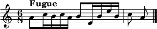 \new Staff
\relative c'' {
\version "2.18.2"
\key a \minor
\time 6/8
\tempo ""
a8^\markup{\larger\bold"Fugue" } c16 b c a b8 e,16 b' e b
c8 a
\bar "|."
}