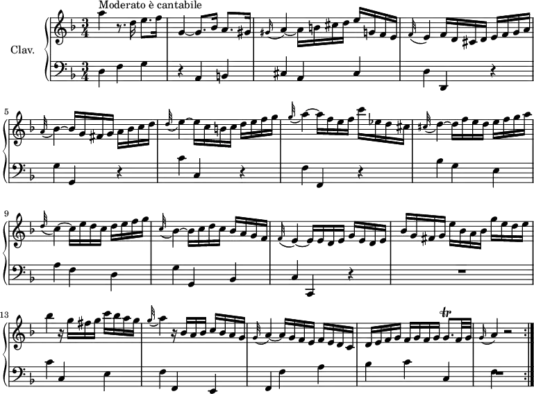 \version "2.18.2"
\header {
tagline = ##f
}
%% les petites notes
trillGqp = { \tag #'print { g8.\trill } \tag #'midi { a32 g a g a g } }
appoAqqL = { \tag #'print { \appoggiatura gis16 a4~ } \tag #'midi { gis8 \tempo 4. = 50 a8~ \tempo 4. = 52 } }
appoFqqL = { \tag #'print { \appoggiatura e16 f4~ } \tag #'midi { e8. \tempo 4. = 50 f16~ \tempo 4. = 52 } }
appoBesqqL = { \tag #'print { \appoggiatura a32 bes4~ } \tag #'midi { a8. \tempo 4. = 50 bes16~ \tempo 4. = 52 } }
appoDqqLDown = { \tag #'print { \appoggiatura d,32 c4~ } \tag #'midi { d8. \tempo 4. = 50 c16~ \tempo 4. = 52 } }
appoCqqLDown = { \tag #'print { \appoggiatura c,32 bes4~ } \tag #'midi { c8. \tempo 4. = 50 bes16~ \tempo 4. = 52 } }
appoEqqL = { \tag #'print { \appoggiatura d32 e4~ } \tag #'midi { d8. \tempo 4. = 50 e16~ \tempo 4. = 52 } }
appoGqqL = { \tag #'print { \appoggiatura g32 a4~ } \tag #'midi { g8. \tempo 4. = 50 a16~ \tempo 4. = 52 } }
appoFqqL = { \tag #'print { \appoggiatura f32 e4~ } \tag #'midi { f8. \tempo 4. = 50 e16~ \tempo 4. = 52 } }
appoCisqqL = { \tag #'print { \appoggiatura cis32 d4~ } \tag #'midi { cis8. \tempo 4. = 50 d16~ \tempo 4. = 52 } }
appoAqq = { \tag #'print { \appoggiatura g16 a4~ } \tag #'midi { g8 \tempo 4. = 25 f8 \tempo 4. = 52 } }
upper = \relative c'' {
\clef treble
\key d \minor
\time 3/4
\tempo 4. = 52
\set Staff.midiInstrument = #"harpsichord"
\repeat volta 2 {
s8*0^\markup{Moderato è cantabile}
a'4 r8. d,16 e8. f16 | g,4~ g8. bes16 a8. gis16 | \appoAqqL a16 b cis d e g, f e |
% ms. 4
\appoFqqL f16 d cis d e f g a | \appoBesqqL bes16 g fis g a bes c d | \appoEqqL e16 c b c d e f g | \appoGqqL a16 f e f c' ees, d cis |
% ms. 8
\appoCisqqL d16 f e d e f g a | \appoDqqLDown c16 e d c d e f g | \appoCqqLDown bes16 c d c bes a g f | \appoFqqL e16 e d e g e d e | bes' g fis g e' bes a bes g' e d e | bes'4 r16 g16 fis g c bes a g | \appoGqqL r16 bes, a bes c bes a g | \appoGqqL a16 g f e f e d c |
% ms. 16
d16 e f g f g f g \trillGqp f32 g \appoAqq r2
}%reprise
}
lower = \relative c' {
\clef bass
\key d \minor
\time 3/4
\set Staff.midiInstrument = #"harpsichord"
\repeat volta 2 {
% **************************************
d,4 f g | r4 a, b | cis a cis | d d, r4 | g' g, r4 | c' c, r4 | f f, r4 |
% ms. 8
bes'4 g e | a f d | g g, bes | c c, r4 | R2. | c''4 c, e | f f, e | f f' a |
% m. 16
bes4 c c, | f R2
}%reprise
}
thePianoStaff = \new PianoStaff <<
\set PianoStaff.instrumentName = #"Clav."
\new Staff = "upper" \upper
\new Staff = "lower" \lower
>>
\score {
\keepWithTag #'print \thePianoStaff
\layout {
#(layout-set-staff-size 17)
\context {
\Score
\override SpacingSpanner.common-shortest-duration = #(ly:make-moment 1/2)
\remove "Metronome_mark_engraver"
}
}
}
\score {
\unfoldRepeats
\keepWithTag #'midi \thePianoStaff
\midi { }
}