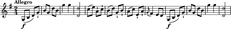 \relative c'' {
\version "2.18.2"
\key g \major
\tempo "Allegro"
\time 2/4
\tempo 4 = 150
g,8\f (b d) g-!
b g d' b
g'4 g
< d, d'>2
c'8 (e) a,-! c-!
b (d) g,-! b-!
a (c) e,-! a-!
\grace g16 (fis4) e8 d
g,8\f (b d) g-!
b g d' b
g'4 g
< d, d'>2
}