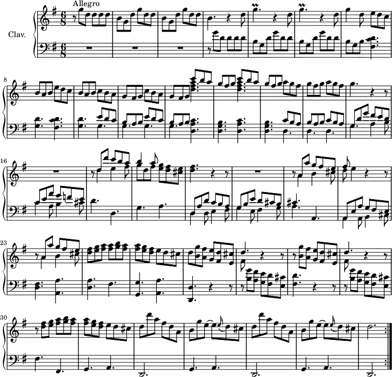 
\version "2.18.2"
\header {
  tagline = ##f
  % composer = "Domenico Scarlatti"
  % opus = "K. 372"
  % meter = "Allegro"
}

%% les petites notes
trillGp      = { \tag #'print { g4.\prall } \tag #'midi { a32 g a g~ g4 } }

upper = \relative c'' {
  \clef treble 
  \key g \major
  \time 6/8
  \tempo 2 = 72
  \set Staff.midiInstrument = #"harpsichord"
  \override TupletBracket.bracket-visibility = ##f

  \repeat volta 2 {
      s8*0^\markup{Allegro}
      r8 g'8 d d d d | \repeat unfold 2 { b8 g d' g d d } | b4. r4 d8 |
      % ms. 5
      \repeat unfold 2 { \trillGp r4 d8 } | g4 d8 \repeat unfold 2 { e8 d c | b a b } \repeat unfold 2 { c8 b a |
      % ms. 10
      g8 fis g } \repeat unfold 2 { << { c'8 b a | g fis g } \\ { < d fis a >4. } >> } a'8 g fis | g fis g a g fis |
      % ms. 15
      g4. r4 r8 | R2. | r8 << { d8 d' c b a | b4 a8 } \\ { d,4 e4 fis8 | g d fis } >> < e g >8 < d fis > < cis e >
      % ms. 19
      < d fis >4. r4 r8 | R2. | r8 << { a8 a' g fis e | fis } \\ { a,4 b cis8 d } >> e4 r4 r8 |
      % ms. 23
      r8 << { a,8 a' g fis e } \\ { a,4 b cis8 } >> | < d fis >8 < e g > < fis a > q < g b > < fis a > | q < e g > < d fis > e d cis | d
      % ms. 26/29
      \repeat unfold 2 { < b g' >8 < a fis' > < g e' > < fis d' > < e cis' > << { d'4. } \\ { fis,8 } >> r4 r8 | r8 } < d' fis >8 < e g > < fis a > < g b > < fis a > | q < e g > < d fis > e d cis |
      % ms. 32
      \repeat unfold 2 { d8 d' a fis d a | b g' e~ e \appoggiatura e16 d8 cis } | d2. }%repet

}

lower = \relative c' {
  \clef bass
  \key g \major
  \time 6/8
  \set Staff.midiInstrument = #"harpsichord"
  \override TupletBracket.bracket-visibility = ##f

  \repeat volta 2 {
    % ************************************** \appoggiatura a16  \repeat unfold 2 {  } \times 2/3 { }   \omit TupletNumber 
      R2.*3 | r8 g'8 d d d d | 
      % ms. 5
      \repeat unfold 2 { b8 g d' g d d } | b g b \repeat unfold 2 { < fis c' d >4. | < g d' > } 
      % ms. 9 suite…
      \repeat unfold 2 { << { e'8 d c | b a b  } \\ { \mergeDifferentlyDottedOn g4. | g } >> } \repeat unfold 2 { < d a' c >4. | < d g b > } << { c'8 b a | b a b c b a } \\ { d,4. | d d } >>
      % ms. 15
      << { g8 d' g fis e d | c e a g f e } \\ { g,4. a4 b8 | c4 a8 b4 cis8 } >> | d4. d, | g a |
      % ms. 19
      << { d,8 a' d c b a | g b e d cis b | cis4. } \\ { d,4 d8 e4 fis8 | g4 e8 fis4 g8 | a4. } >> a,4. | << { a8 e' a g fis e } \\ { a,4 a8 b4 cis8 } >>
      % ms. 23
      < d fis >4. < a a' > | < d a' > fis | < g, g' > < a a' > | < d, d' > r4 r8 | r8 < b'' g' >8 < a fis' > < g e' > < fis d' > < e cis' > |
      % ms. 28
      < fis d' >4. r4 r8 | r8 < b g' >8 < a fis' > < g e' > < fis d' > < e cis' > | fis4. fis, | \repeat unfold 2 { g a | 
      % ms. 32
      d,2. } | g4.   \tempo 2 = 62 a |   \tempo 2 = 42 d,2.   \tempo 2 = 72 }%repet

}

thePianoStaff = \new PianoStaff <<
    \set PianoStaff.instrumentName = #"Clav."
    \new Staff = "upper" \upper
    \new Staff = "lower" \lower
  >>

\score {
  \keepWithTag #'print \thePianoStaff
  \layout {
      #(layout-set-staff-size 17)
    \context {
      \Score
     \override SpacingSpanner.common-shortest-duration = #(ly:make-moment 1/2)
      \remove "Metronome_mark_engraver"
    }
  }
}

\score {
  \unfoldRepeats
  \keepWithTag #'midi \thePianoStaff
  \midi { }
}
