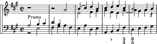 \version "2.18.2"
\header {
tagline = ##f
}
\score {
\new StaffGroup <<
\set StaffGroup.systemStartDelimiter = #'SystemStartSquare
\new Staff {
\relative c'' {
\key a \major
\time 2/2
\tempo 2 = 60
\autoBeamOff
\clef treble
\set Score.currentBarNumber = #17
\override Rest #'style = #'classical
\set Staff.midiInstrument = #"violin"
% Violon
r1
r2 a2
<< { b4( cis) d b } \\ { e,2 fis4 gis } >>
<< { cis4 d e cis } \\ { a4 fis e a~ } >>
<< { b2 a4 b } \\ { a4 gis a r4 } >>
<< { } \\ { } >>
}
}
\new Staff {
<<
\key a \major
\set Staff.midiInstrument = #"recorder"
\new Voice { \clef bass << { a2^"Presto" b4 cis' | d' b } \\ { r2 e2 | fis4 gis a fis } >> e4 a d e a, b, cis fis d e fis gis }
\new FiguredBass {
\figuremode {
< _ >1
< _ >1
< _ >1
< _ >4 < _- >2 < 5 3 >4 < 6 5 >4
}
}
>>
}
>>
\layout {
\context {
\Score
\remove "Metronome_mark_engraver"
}
}
\midi {}
}