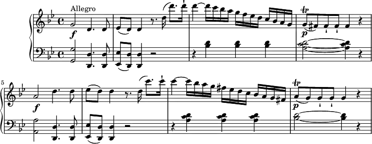 \version "2.18.2"
\header {
tagline = ##f
}
upper = \relative c' {
\clef "treble"
\tempo "Allegro"
\key bes \major
\time 4/4
\tempo 4 = 130
g'2 \f ^\markup {Allegro} d4. d8
ees (d) d4 r8. d'16 (d'8.) d16-!
d4 ~ d16 c bes a g f ees d c bes a g
g8\p \trill (fis) fis-! fis-! fis4 r
a2 \f d4. d8
ees (d) d4 r8. d16 (c'8.) c16-!
c4 ~ c16 bes a g fis ees d c bes a g fis
a8\p \trill (g) g-! g-! g4 r
}
lower =\relative c {
\clef "bass"
\key bes \major
\time 4/4
< g g'>2 <d d'>4. <d d'>8
<ees ees'> (<d d'>) <d d'>4 r2
r4 <bes'' d> <bes d> <bes d>
<a c d > 2 ~ <a c d >4 r
< a, a'>2 <d, d'>4. <d d'>8
<ees ees'> (<d d'>) <d d'>4 r2
r4 <a'' c d> <a c d> <a c d>
<bes d>2 ~ <bes d>4 r
}
\score {
\new PianoStaff <<
\new Staff = "upper" \upper
\new Staff = "lower" \lower
>>
\layout {
\context {
\Score
\remove "Metronome_mark_engraver"
}
}
\midi { }
}
