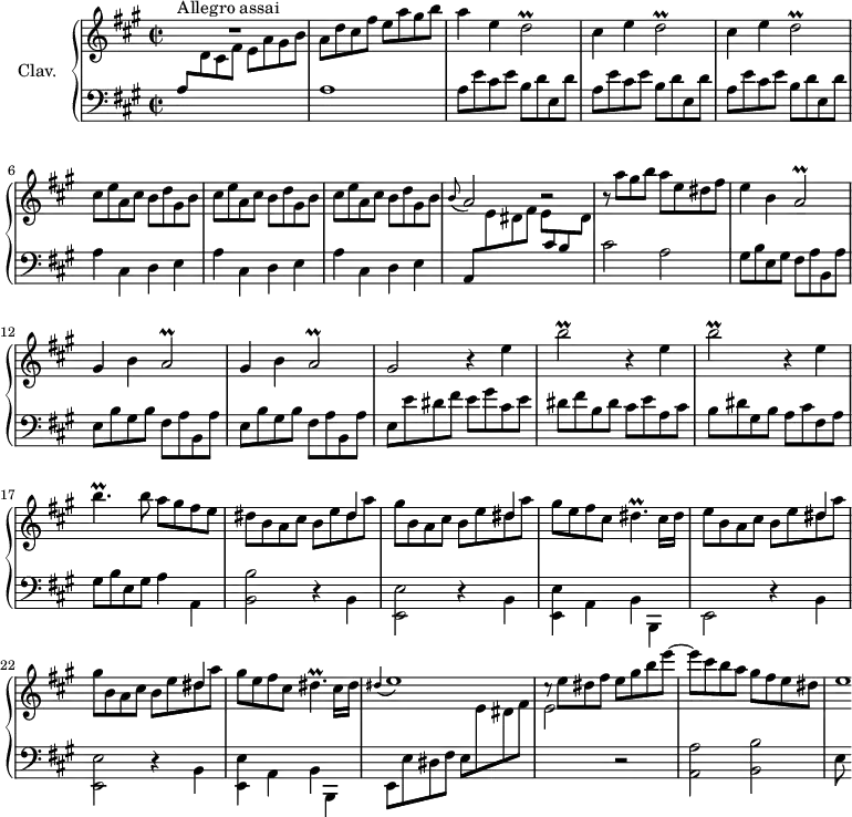 \version "2.18.2"
\header {
tagline = ##f
% composer = "Domenico Scarlatti"
% opus = "K. 533"
% meter = "Allegro assai"
}
%% les petites notes
trillDb = { \tag #'print { d2\prall } \tag #'midi { \times 2/3 { e16 d e } d8~ d4 } }
trillAb = { \tag #'print { a2\prall } \tag #'midi { \times 2/3 { b16 a b } a8~ a4 } }
trillBbUp = { \tag #'print { b'2\prall } \tag #'midi { \times 2/3 { cis16 b cis } b8~ b4 } }
trillBpUp = { \tag #'print { b'4.\prall } \tag #'midi { \times 2/3 { cis16 b cis } b4 } }
trillDisp = { \tag #'print { dis4.\prall } \tag #'midi { \times 2/3 { e16 dis e } dis4 } }
upper = \relative c'' {
\clef treble
\key a \major
\time 2/2
\tempo 2 = 102
\set Staff.midiInstrument = #"harpsichord"
\override TupletBracket.bracket-visibility = ##f
s8*0^\markup{Allegro assai}
R1 | a8 d cis fis e a gis b | a4 e \trillDb | \repeat unfold 2 { cis4 e \trillDb }
% ms. 6
\repeat unfold 3 { cis8 e a, cis b d gis, b } |
% ms. 9
\appoggiatura b8 a2 b2\rest | r8 a'8 gis b a e dis fis | e4 b \trillAb | \repeat unfold 2 { gis4 b \trillAb } |
% ms. 14
gis2 \repeat unfold 2 { r4 e'4 \trillBbUp } | r4 e,4 |
% ms. 17
\trillBpUp b8 a gis fis e | << { s4 s2 dis4 } \\ { dis8 b a cis b e dis a' } >> << { s4 s2 dis,4 } \\ { gis8 b,8 a cis b e dis a' } >> gis8 e8 fis cis \trillDisp cis16 dis |
% ms. 21
<< { \repeat unfold 2 { s4 s2 dis4 } } \\ { e8 b a cis b e dis a' gis b, a cis b e dis a' } >> gis8 e fis cis \trillDisp cis16 dis | \appoggiatura dis4 e1 |
% ms. 25
cis8\rest e8 dis fis e gis b e~ | e8 cis b a gis fis e dis | e1*1/8
}
lower = \relative c' {
\clef bass
\key a \major
\time 2/2
\set Staff.midiInstrument = #"harpsichord"
\override TupletBracket.bracket-visibility = ##f
% **************************************
\stemUp a8 \stemDown \change Staff = "upper" d cis fis e a gis b \change Staff = "lower" | a,1 | \repeat unfold 3 { a8 e' cis e b d e, d' } |
% ms. 6
\repeat unfold 3 { a4 cis, d e } |
% ms. 9
\stemUp a,8 \stemDown \change Staff = "upper" e'' dis fis e8 \stemUp \change Staff = "lower" cis b \stemDown \change Staff = "upper" dis | \stemNeutral \change Staff = "lower" cis2 a | gis8 b e, gis fis a b, a' | \repeat unfold 2 { e b' gis b fis a b, a' } |
% ms. 14
e8 e' dis fis e gis cis, e | dis fis b, dis cis e a, cis | b dis gis, b a cis fis, a |
% ms. 17
gis8 b e, gis a4 a, | < b b' >2 r4 b4 | < e, e' >2 r4 b'4 | < e, e' >4 a b b, |
% ms. 21
e2 r4 b'4 | < e, e' >2 r4 b'4 | < e, e' >4 a b b, | e8 e' dis fis e \stemDown \change Staff = "upper" e' dis fis |
% ms. 25
e2 \change Staff = "lower" r2 | < a,, a' >2 < b b' > | e8
}
thePianoStaff = \new PianoStaff <<
\set PianoStaff.instrumentName = #"Clav."
\new Staff = "upper" \upper
\new Staff = "lower" \lower
>>
\score {
\keepWithTag #'print \thePianoStaff
\layout {
#(layout-set-staff-size 17)
\context {
\Score
\override SpacingSpanner.common-shortest-duration = #(ly:make-moment 1/2)
\remove "Metronome_mark_engraver"
}
}
}
\score {
\keepWithTag #'midi \thePianoStaff
\midi { }
}