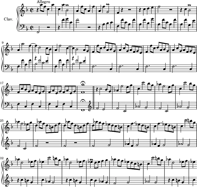 \version "2.18.2"
\header {
tagline = ##f
% composer = "Domenico Scarlatti"
% opus = "K. 378"
% meter = "Allegro"
}
%% les petites notes
trillBesbDown = { \tag #'print { bes,2\prall } \tag #'midi { c16 bes c bes~ bes4 } }
trillBesb = { \tag #'print { bes2\prall } \tag #'midi { c16 bes c bes~ bes4 } }
trillGbDown = { \tag #'print { g,2\prall } \tag #'midi { a16 g a g~ g4 } }
trillFr = { \tag #'print { f1\prall\fermata } \tag #'midi { \repeat unfold 3 { g16 f~ } \tempo 2 = 40 f8~ f2 \tempo 2 = 92 } }
trillEes = { \tag #'print { ees4\prall } \tag #'midi { f16 ees f ees } }
upper = \relative c'' {
\clef treble
\key f \major
\time 2/2
\tempo 2 = 92
\set Staff.midiInstrument = #"harpsichord"
\override TupletBracket.bracket-visibility = ##f
s8*0^\markup{Allegro}
r4 a'8 f \repeat unfold 2 { c4 a' } \trillBesbDown | a4 f'8 c \repeat unfold 2 { a4 f' } \trillGbDown |
% ms. 5
f4 r4 r2 | r4 c'4 d e | f2 r2 | r4 c4 \trillBesb | a4 a'2 f4~ |
% ms. 10
f4 d2 c8 bes | a4 f'2 c4~ | c bes2 a8 g | \repeat unfold 2 { f4 f'8 c d a bes g | a4 c8 g a f g e } |
% ms. 17
f8 c' bes g a f e g | f a e g f a e g | \trillFr
% ms. 20
r4 c'2 bes8 g | aes4 f'2 e8 g | c,4 c'2 bes8 g | aes4 f2 e8 g | c,4 c'2 bes8 g |
% ms. 25
aes4 f2 ees8 g | \repeat unfold 2 { d4 aes'8 f d b d f } | d8 aes' g f ees d c b |
% ms. 29
\repeat unfold 2 { c4 f4. ees8 d b } | c4 c'2 b8 g | aes4 d,2 ees8 f | ees4 c'2 b8 g |
% ms. 34
aes4 d,2 ees8 f \trillEes d8 ees f4 g | aes4 g8 f ees d c b | c4 c'2 b8 g | aes4 d,2 ees8 f |
% ms. 39
ees4
% ms. 43
% ms. 47
}
lower = \relative c' {
\clef bass
\key f \major
\time 2/2
\set Staff.midiInstrument = #"harpsichord"
\override TupletBracket.bracket-visibility = ##f
% ************************************** \appoggiatura a16 \repeat unfold 2 { } \times 2/3 { } \omit TupletNumber
f,,2 r2 | r4 f''4 g c, | f2 r2 | r4 a, bes c |
% ms. 5
f,4 f'8 c a4 f' | a, f' bes, g' | a, f'8 c a4 f' | a, f' g, e' | f, f' a, f' |
% ms. 10
<< { r4 f2 e4 } \\ { bes2 c } >> | f,4 f' a, f' | << { r4 f2 e4 } \\ { bes2 c } >> |
% ms. 14
\repeat unfold 4 { f,2. c4 } | \repeat unfold 4 { f4 c } f,1\fermata \bar "||" \clef treble
% ms. 20
f''2 e | \repeat unfold 2 { f c | aes' g } |
% ms. 25
f2 c | \repeat unfold 2 { f r2 } | f2 g |
% ms. 29
\repeat unfold 2 { aes4 f g2 } | aes2 g | r4 c4 b g | c aes g2 |
% ms. 34
r4 c4 b g | c bes aes g | f2 g | aes g | r4 c b g |
% ms. 39
c4
% ms. 43
% ms. 47
}
thePianoStaff = \new PianoStaff <<
\set PianoStaff.instrumentName = #"Clav."
\new Staff = "upper" \upper
\new Staff = "lower" \lower
>>
\score {
\keepWithTag #'print \thePianoStaff
\layout {
#(layout-set-staff-size 17)
\context {
\Score
\override SpacingSpanner.common-shortest-duration = #(ly:make-moment 1/2)
\remove "Metronome_mark_engraver"
}
}
}
\score {
\keepWithTag #'midi \thePianoStaff
\midi { }
}