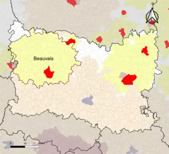 Localisation de l'aire d'attraction de Beauvais dans le département de l'Oise.