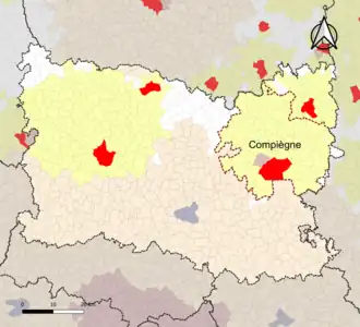 Localisation de l'aire d'attraction de Compiègne dans le département de l'Oise.