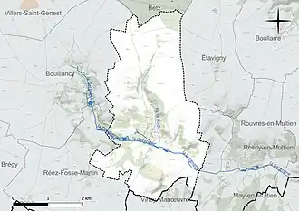 Carte en couleur présentant le réseau hydrographique de la commune