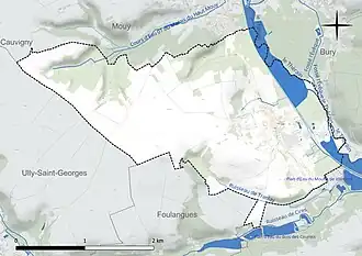 Carte en couleur présentant le réseau hydrographique de la commune