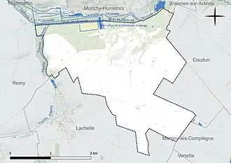 Carte en couleur présentant le réseau hydrographique de la commune