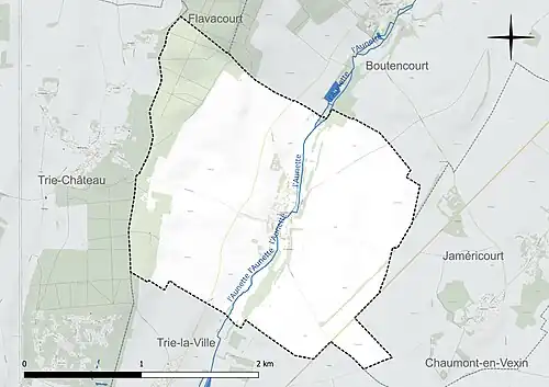 Carte en couleur présentant le réseau hydrographique de la commune