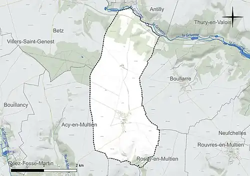 Carte en couleur présentant le réseau hydrographique de la commune