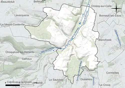 Carte en couleur présentant le réseau hydrographique de la commune